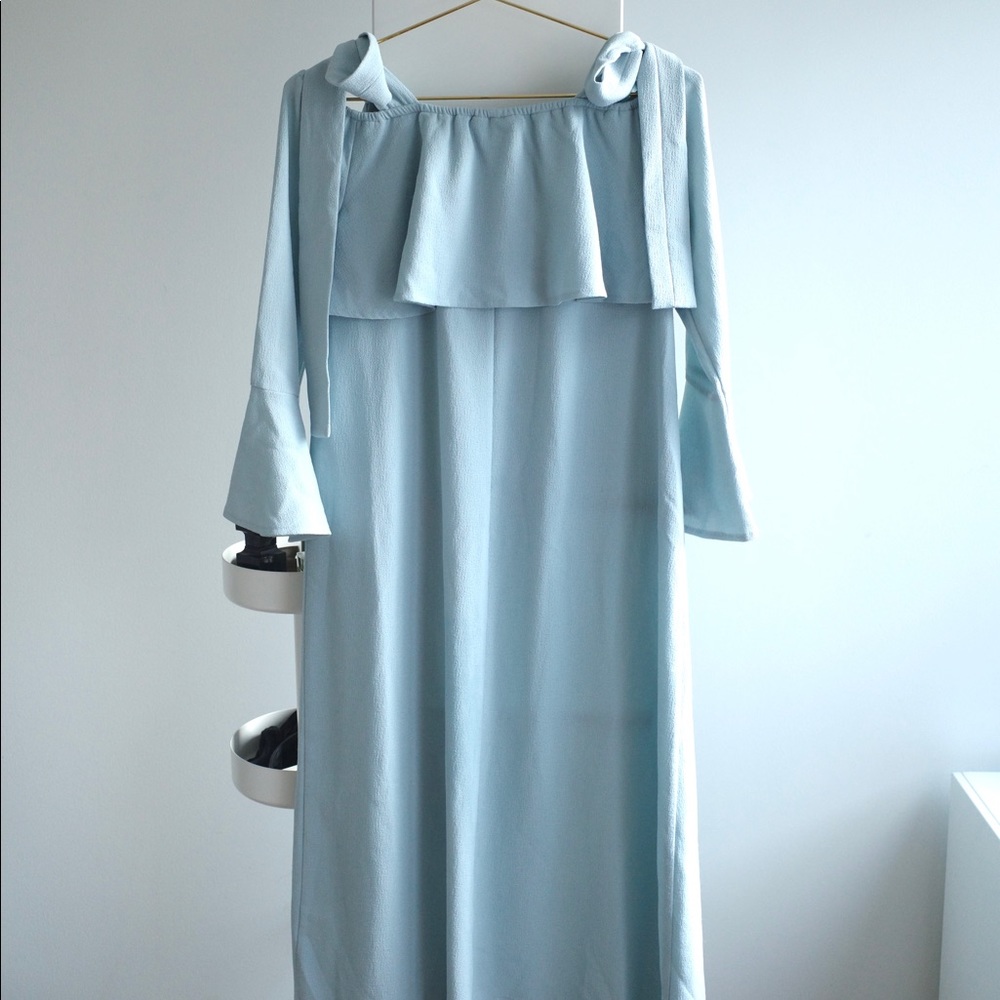Ganni Fluted Sleeve Cold Shoulder Dress Blue